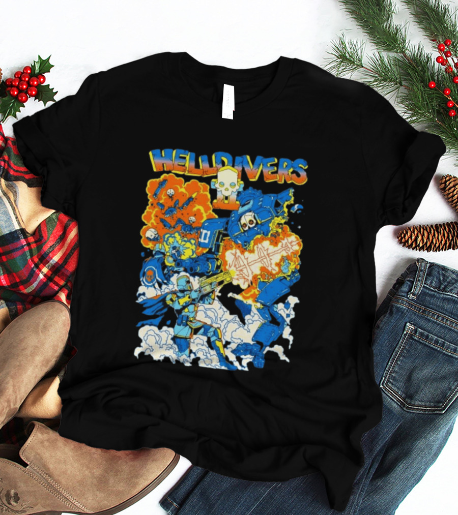 Helldivers Super Earth Soldier Combat Action Explosive Battle Scene T-Shirt