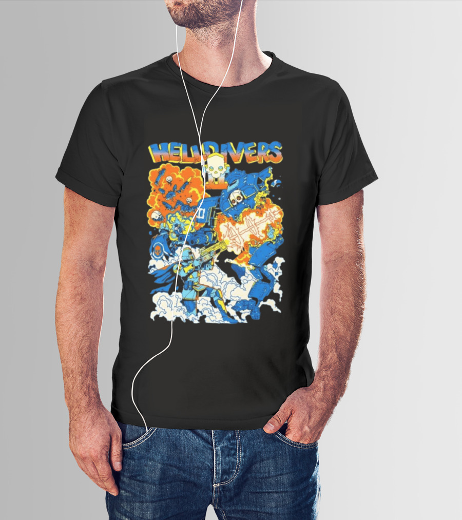 Helldivers Super Earth Soldier Combat Action Explosive Battle Scene T-Shirt