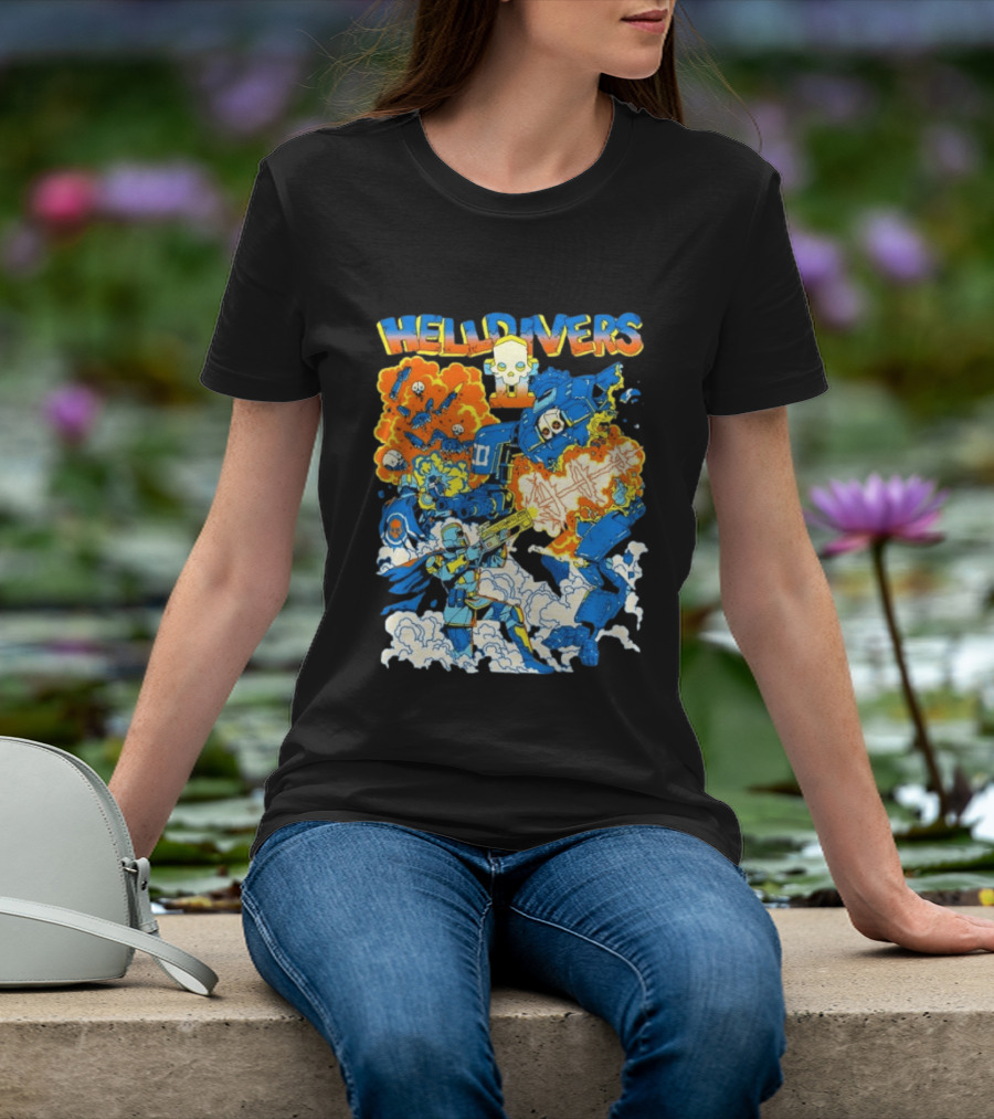 Helldivers Super Earth Soldier Combat Action Explosive Battle Scene T-Shirt
