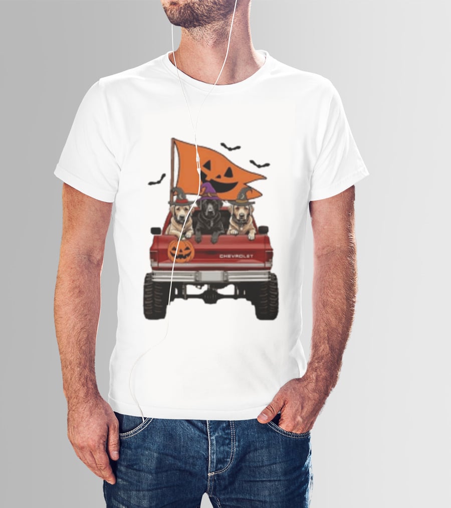 Chevrolet Halloween Dogs In Truck With Pumpkin And Bats T-Shirt
