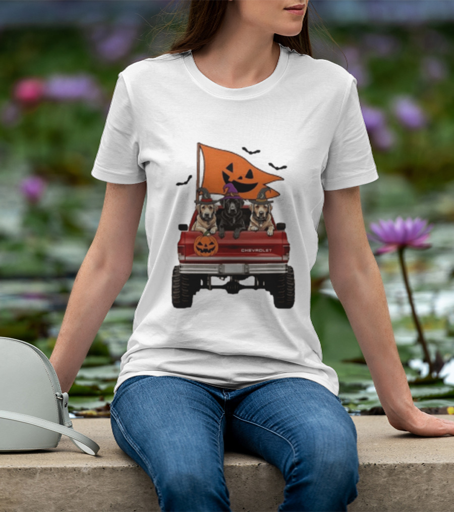 Chevrolet Halloween Dogs In Truck With Pumpkin And Bats T-Shirt