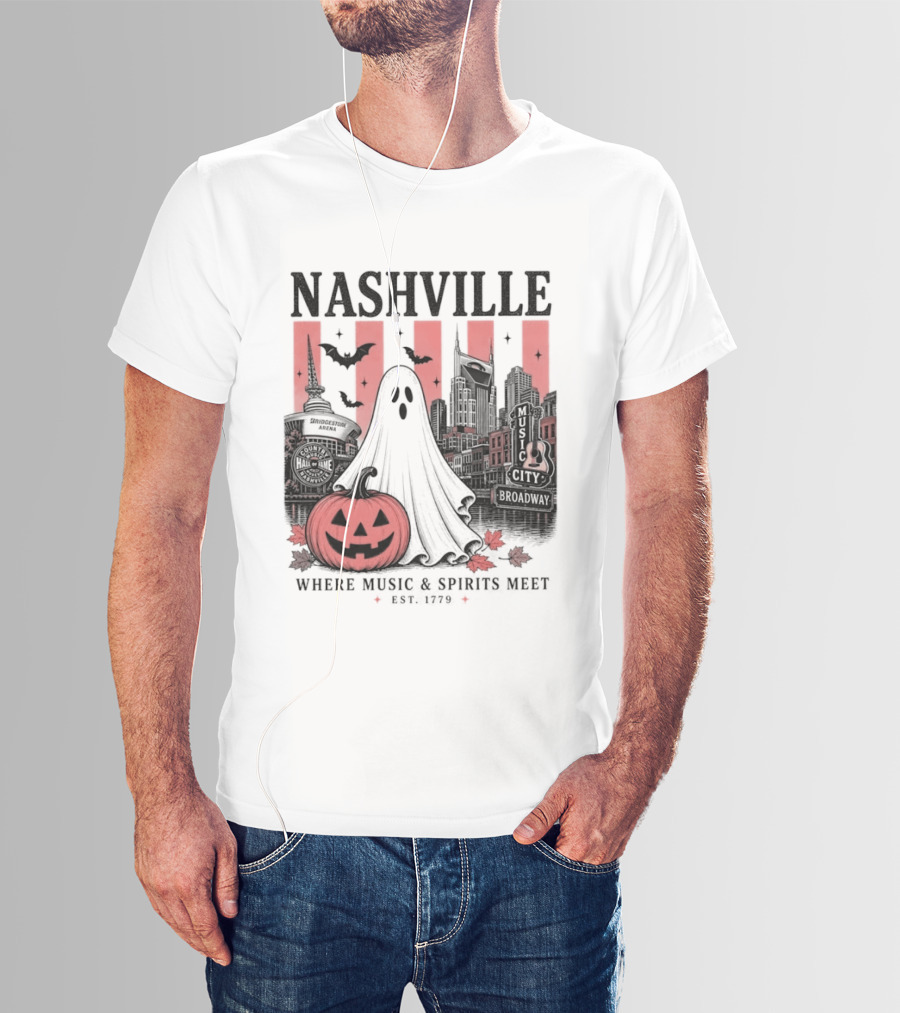 Nashville Halloween Ghost Music Spirits Skyline Pumpkin Bats T-Shirt