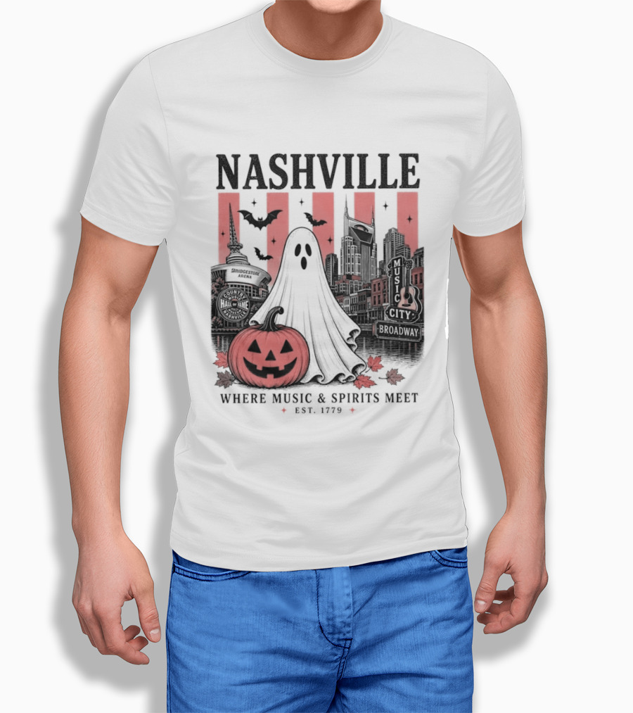 Nashville Halloween Ghost Music Spirits Skyline Pumpkin Bats T-Shirt