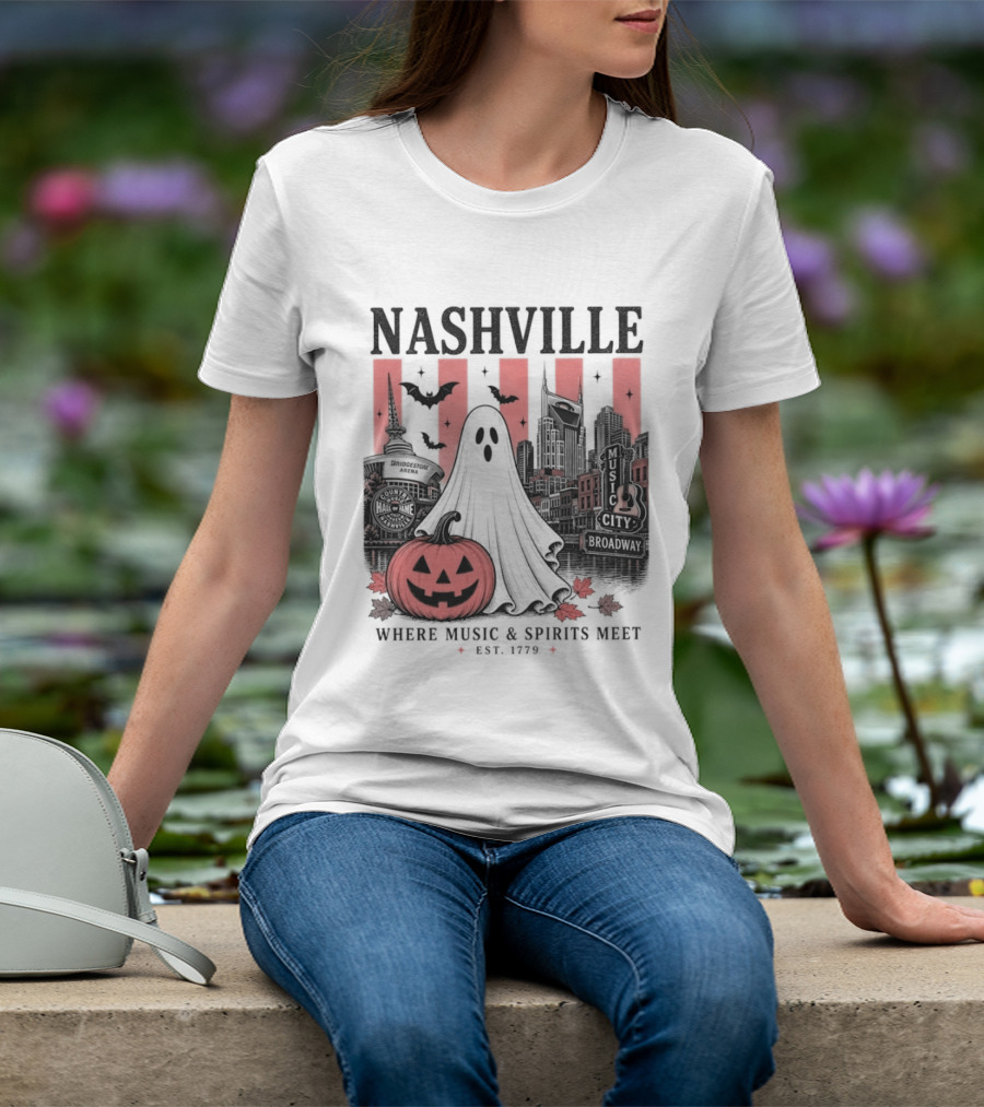 Nashville Halloween Ghost Music Spirits Skyline Pumpkin Bats T-Shirt