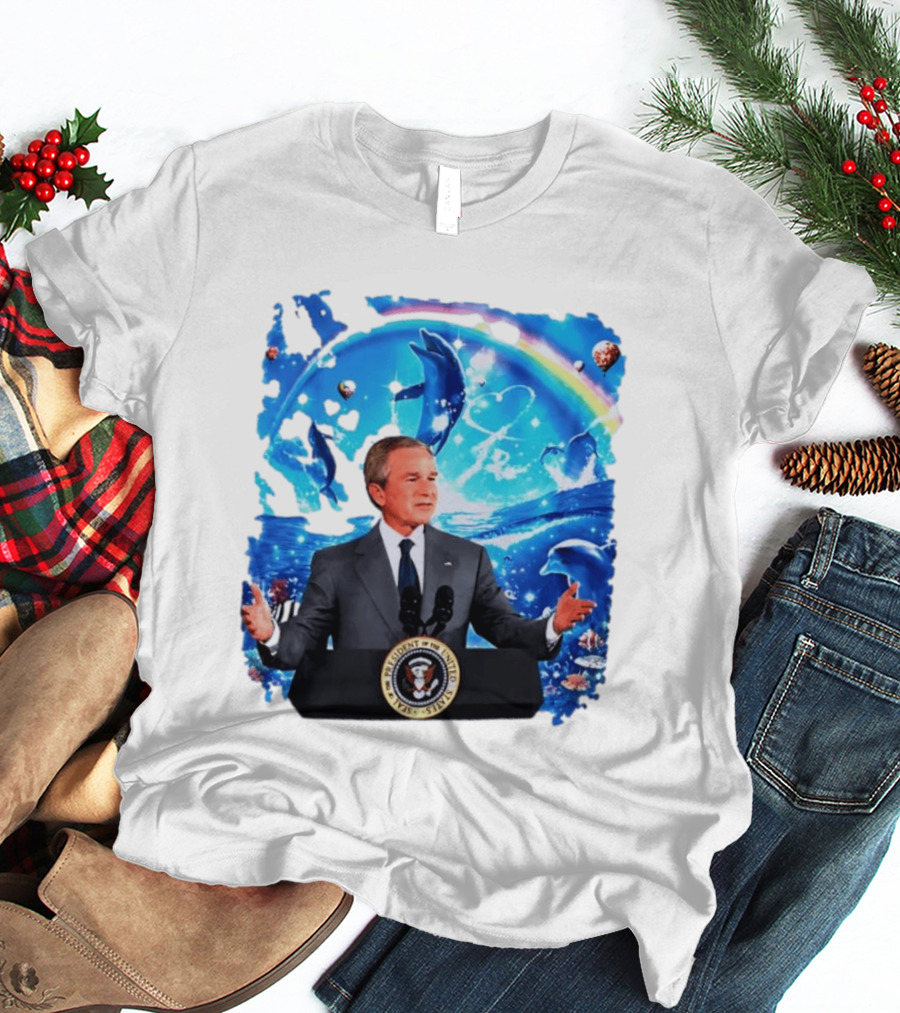 George W Bush Dolphins Coexist Peacefully With Rainbow And Ocean Scene T-Shirt