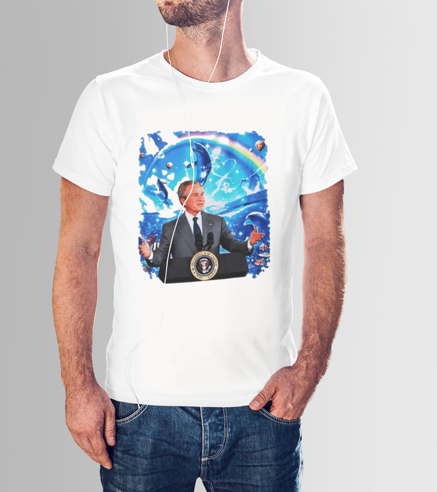 George W Bush Dolphins Coexist Peacefully With Rainbow And Ocean Scene T-Shirt