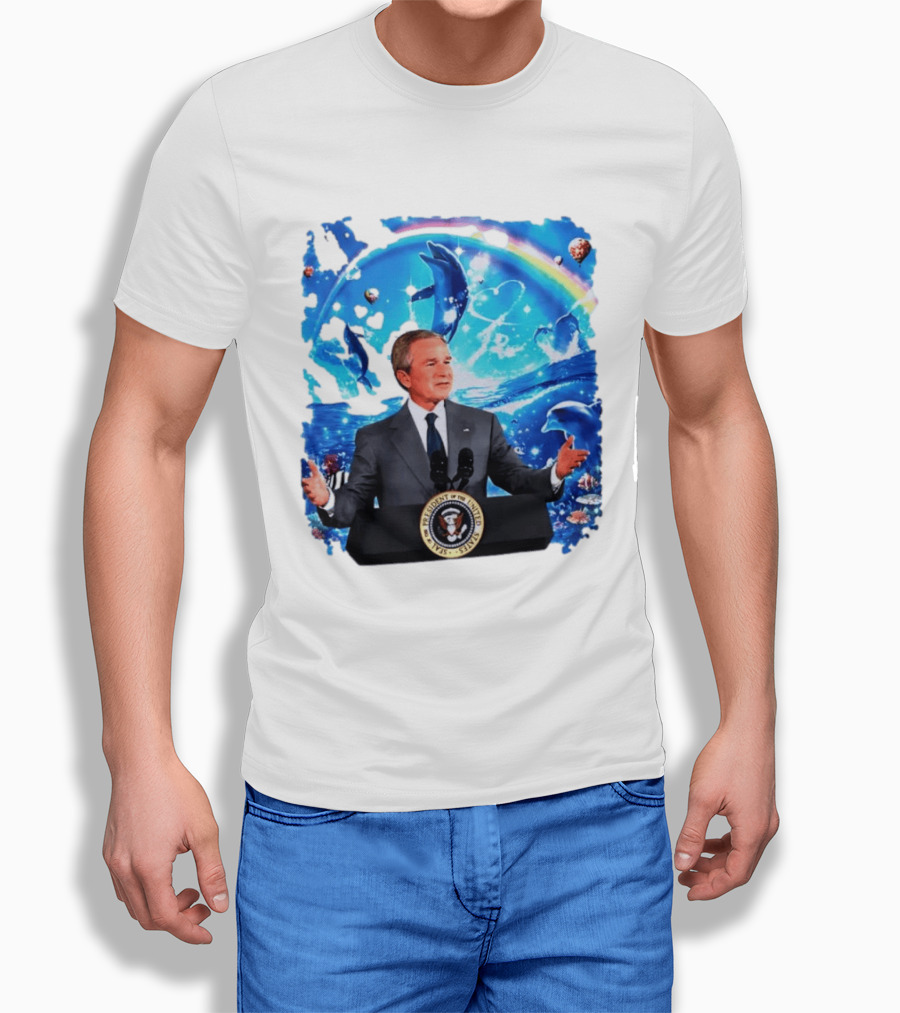 George W Bush Dolphins Coexist Peacefully With Rainbow And Ocean Scene T-Shirt