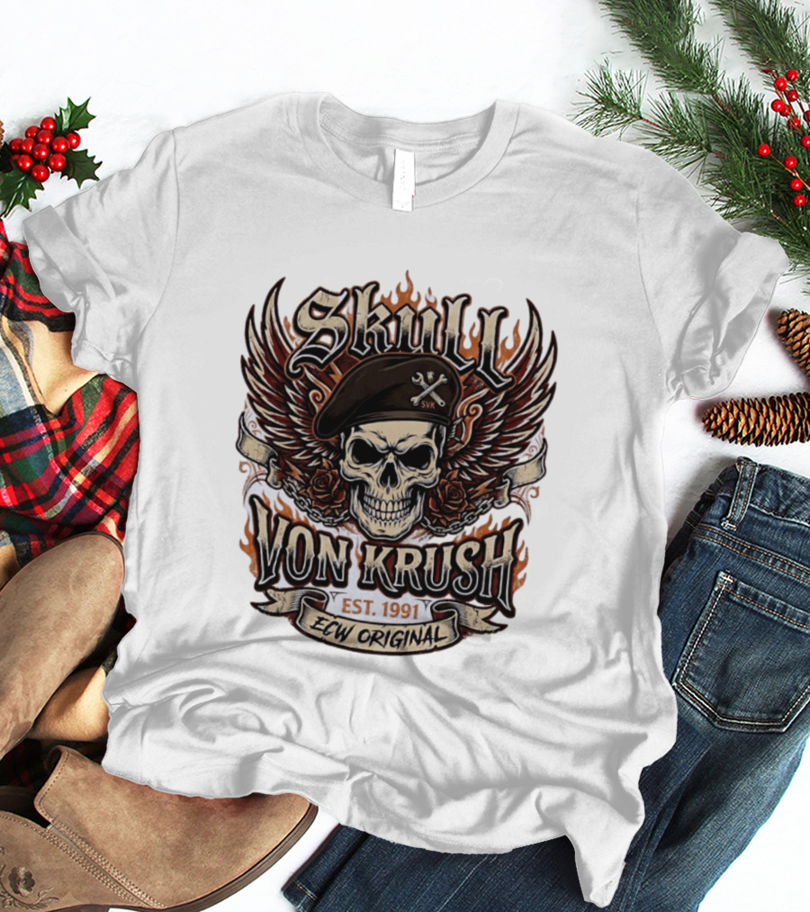 Skull Von Krush SVK Est 1991 ECW Original Flame Wings Roses T-Shirt
