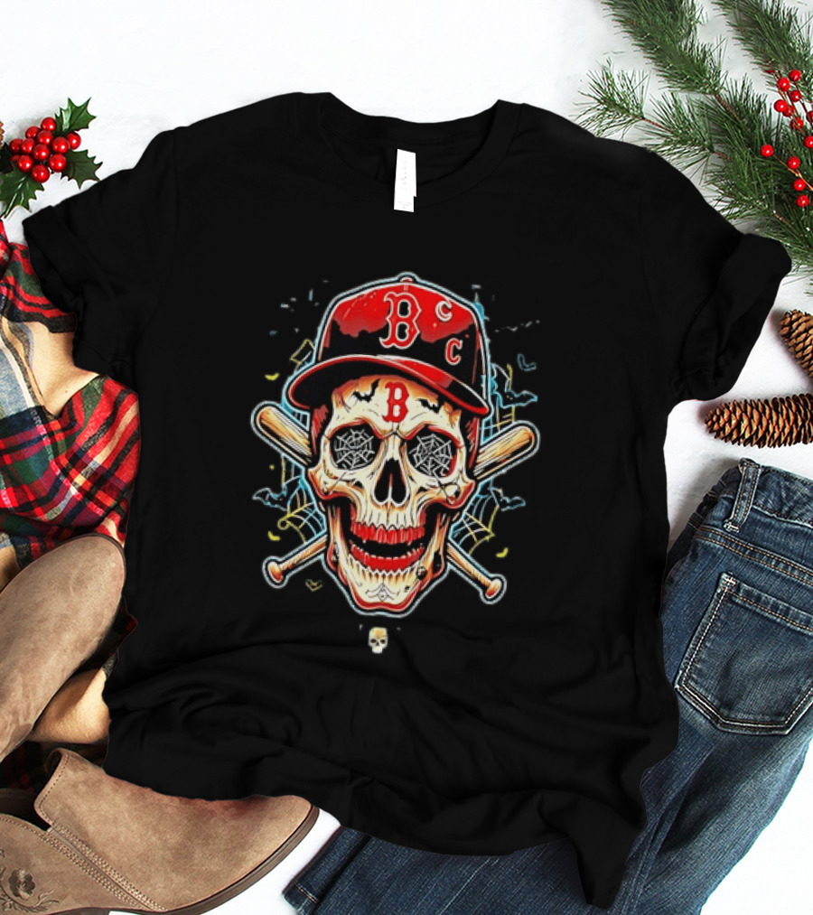 Boston Red Sox Skull Baseball Crossed Bats Red Cap T-Shirt
