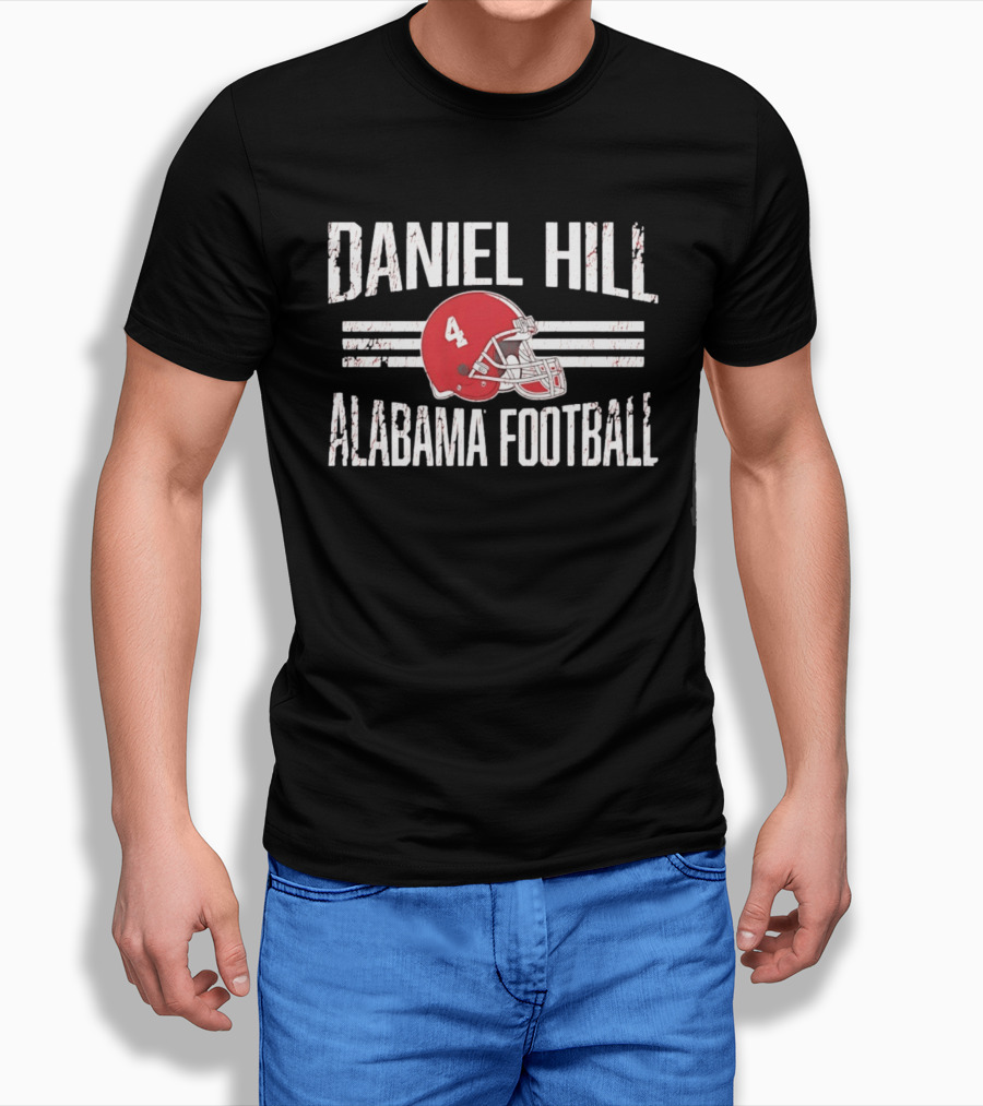Daniel Hill Alabama Football Number 4 Red Helmet Distressed T-Shirt