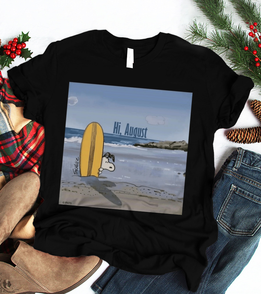 Snoopy Hi August Surfboard Beach Scene By Schulz T-Shirt