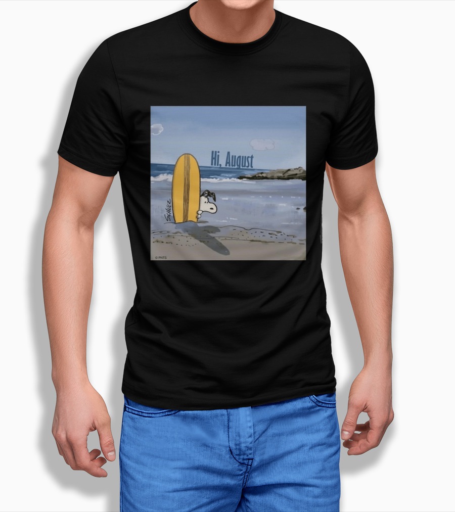 Snoopy Hi August Surfboard Beach Scene By Schulz T-Shirt