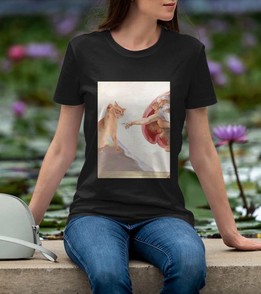 The Creation Of Adam With A Cat By Michelangelo T-Shirt