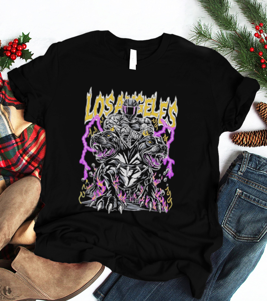 Los Angeles Rider With Two Headed Pitbull And Flames T-Shirt