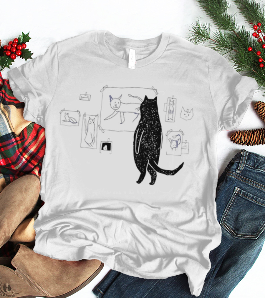 Black Cat Observing Doodle Drawings Of Cats T-Shirt