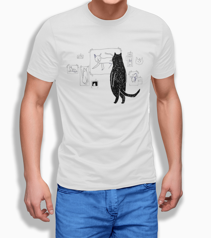 Black Cat Observing Doodle Drawings Of Cats T-Shirt