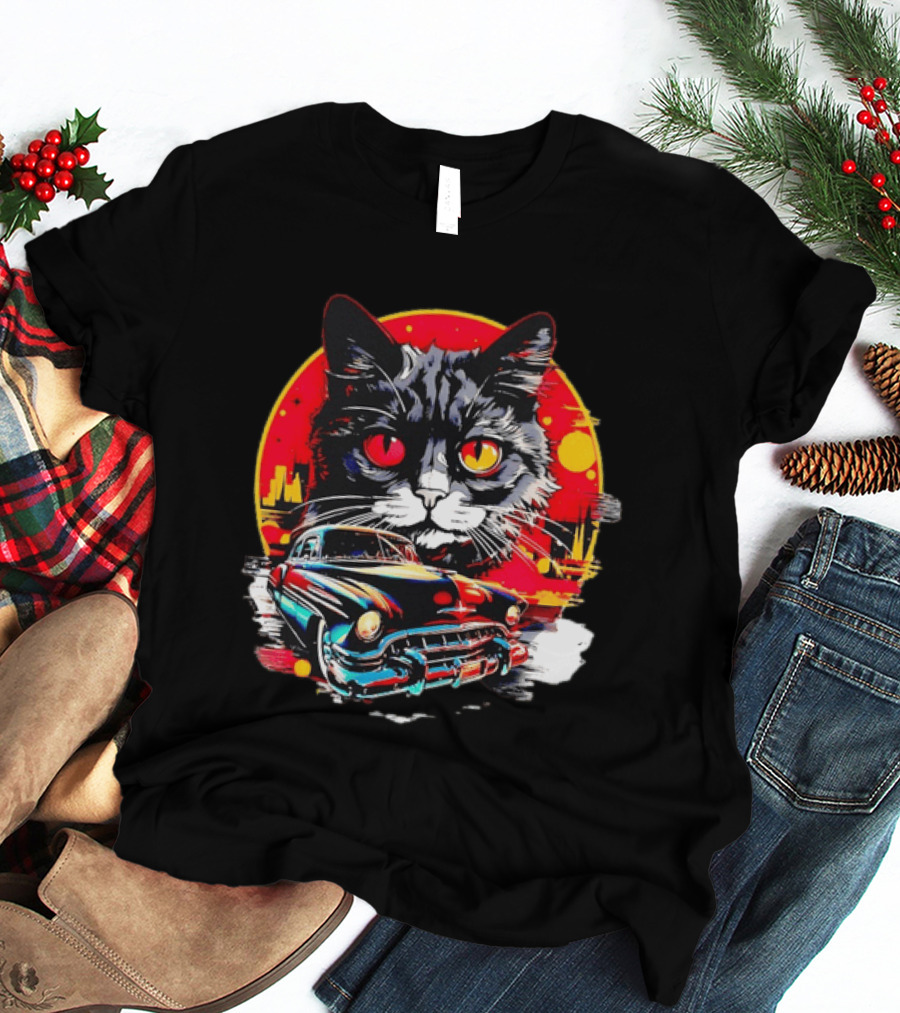 Black Cat With Vintage Classic Car And Retro Sunset T-Shirt