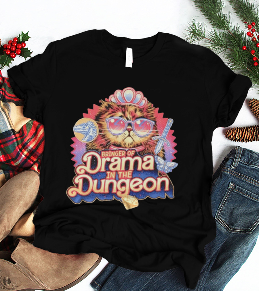 Bringer Of Drama In The Dungeon Cat With Raptor Dagger Butterfly Diamond T-Shirt