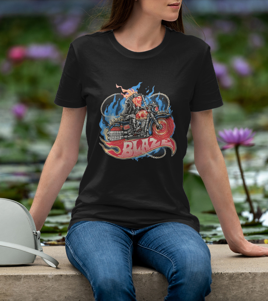 Blaze Flaming Skull Motorcycle Rider Blue Flame T-Shirt