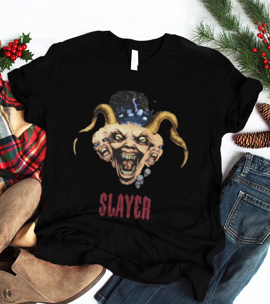 Slayer Triple Demon Head With Horns And Skulls T-Shirt