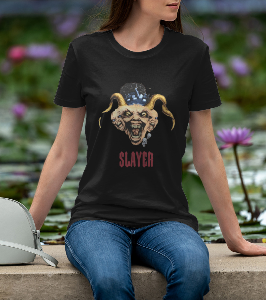 Slayer Triple Demon Head With Horns And Skulls T-Shirt