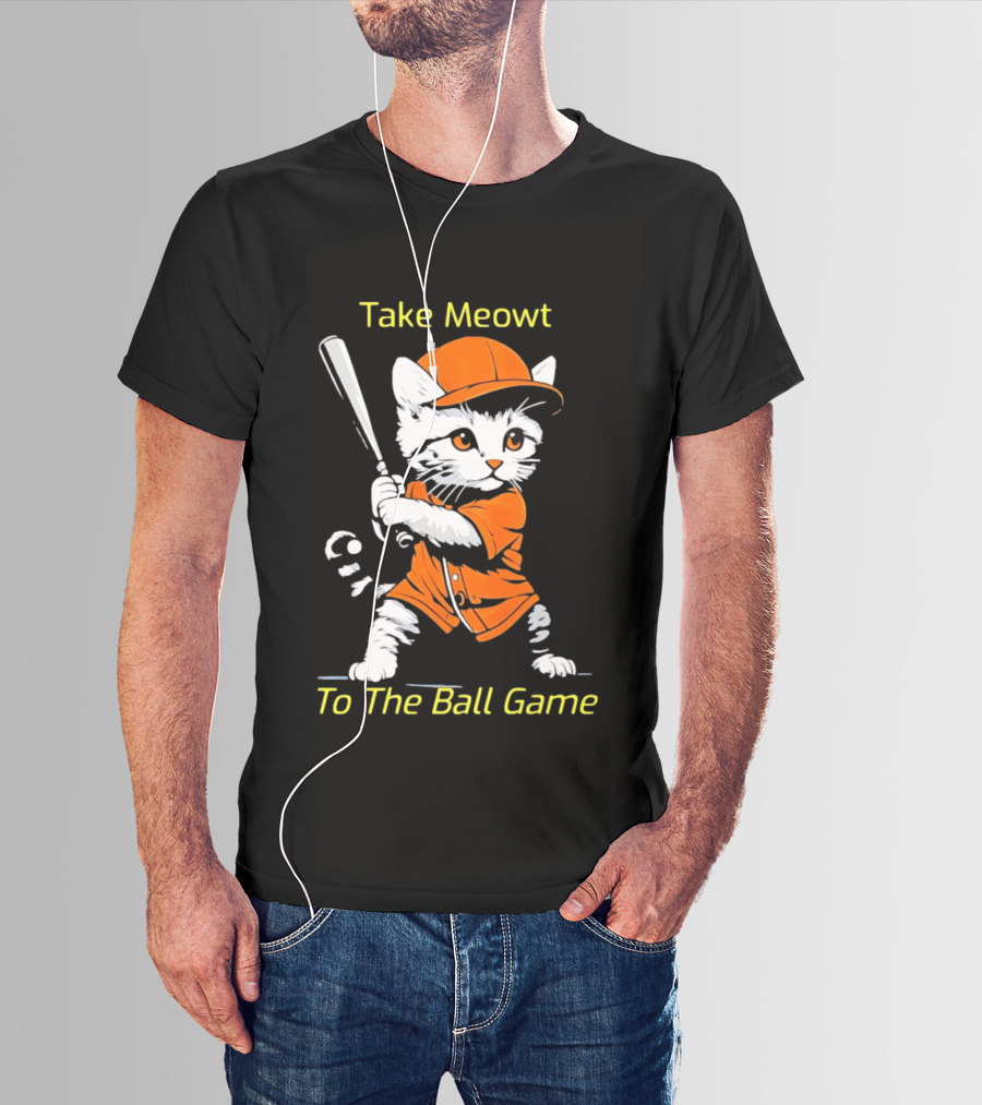 Take Meowt To The Ball Game Baseball Cat In Orange Uniform With Bat T-Shirt