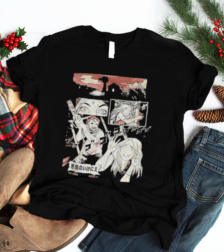 The Texas Chain Saw Massacre Manga Horror Panel With Japanese Text And Chainsaw Action T-Shirt