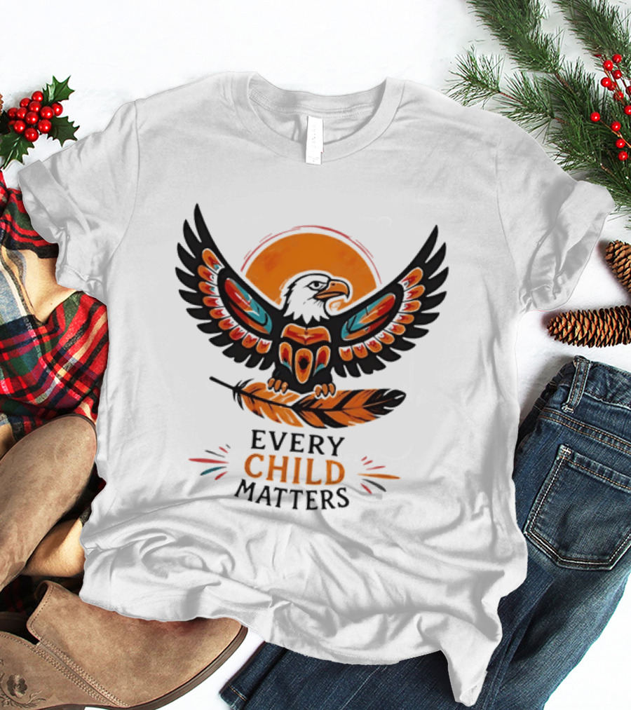 Every Child Matters Indigenous Eagle Feather Orange Sun T-Shirt