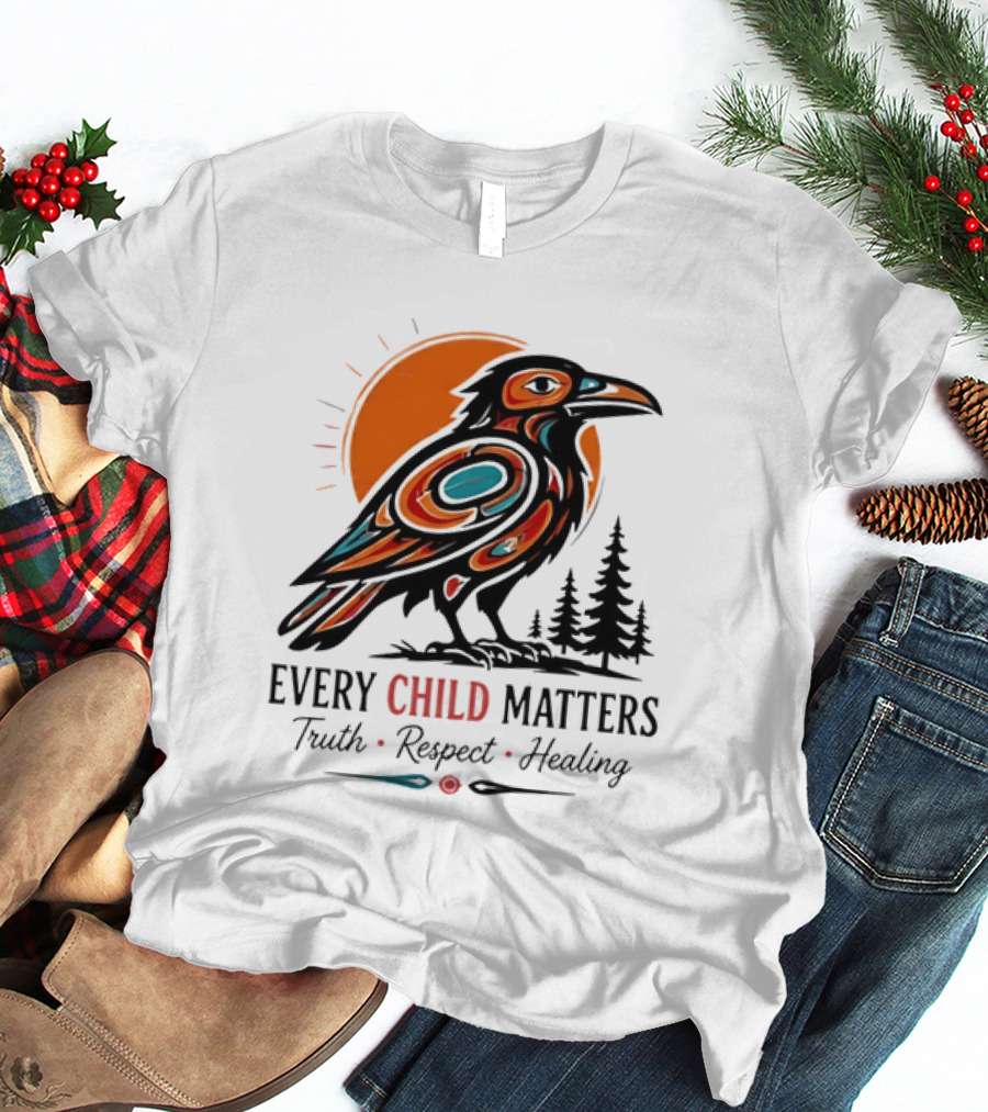Every Child Matters Truth Respect Healing Raven With Sun And Trees T-Shirt