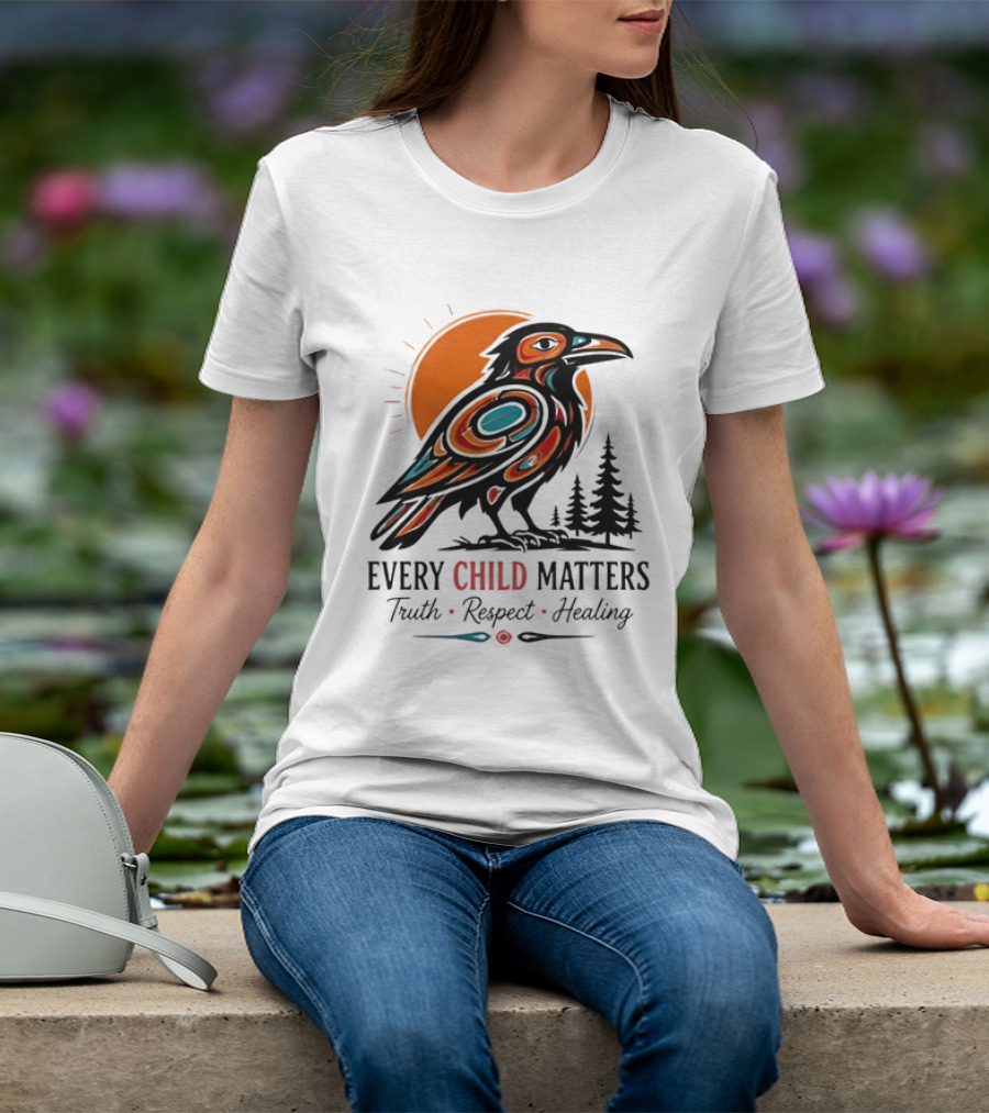 Every Child Matters Truth Respect Healing Raven With Sun And Trees T-Shirt