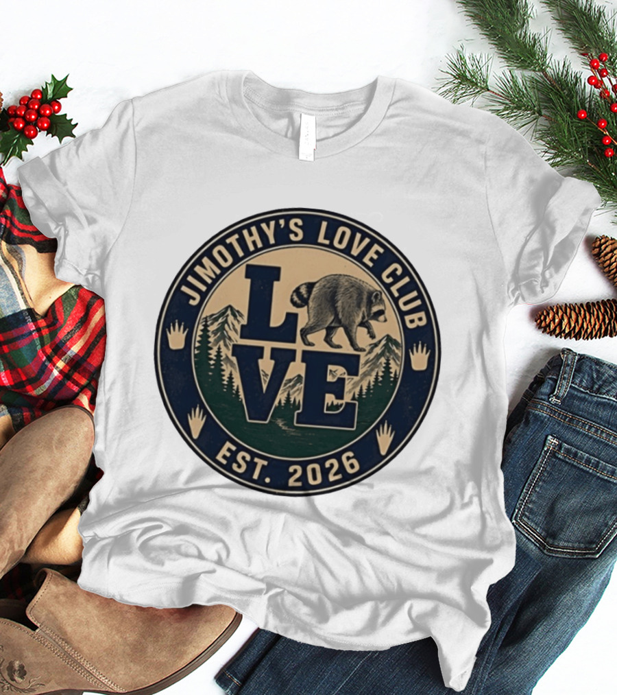 Jimothy's Love Club Raccoon Love Est 2026 Mountain Shield T-Shirt