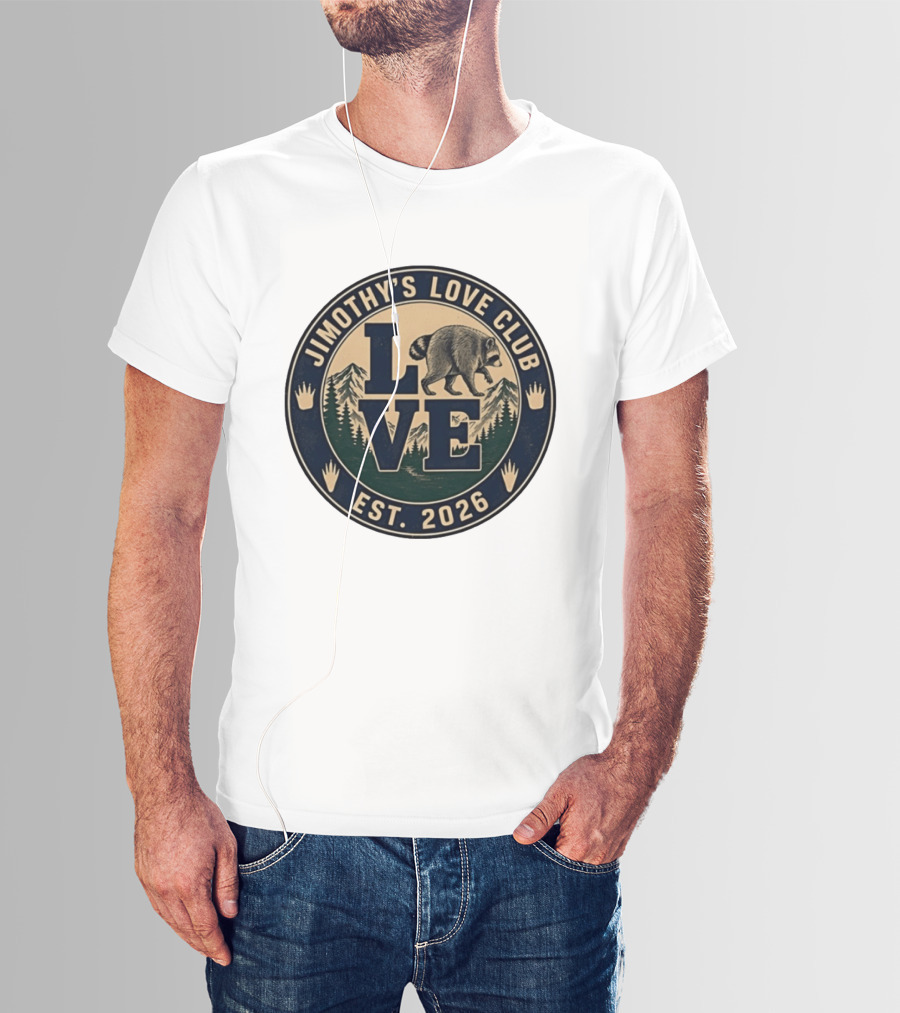Jimothy's Love Club Raccoon Love Est 2026 Mountain Shield T-Shirt