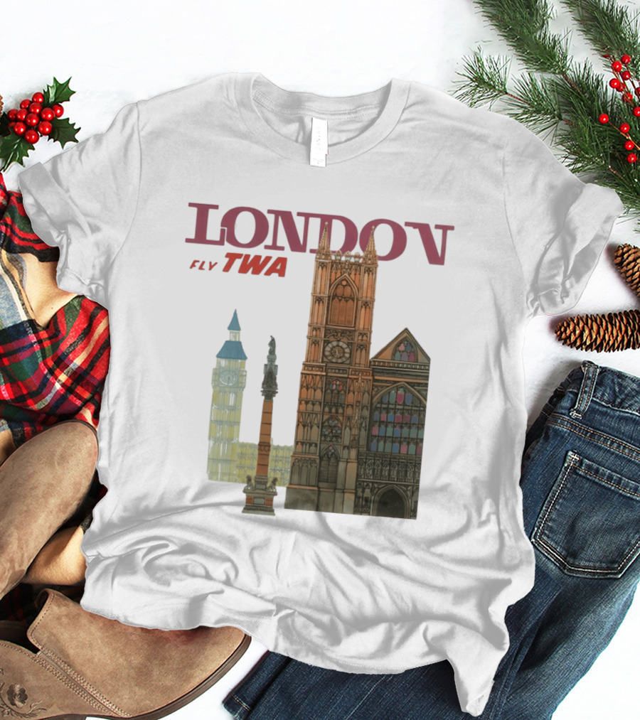 London Fly TWA Travel Big Ben Westminster Abbey Landmark T-Shirt