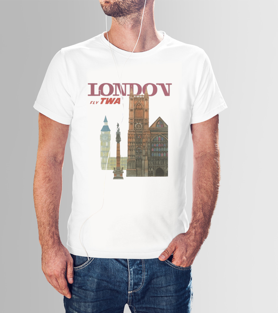 London Fly TWA Travel Big Ben Westminster Abbey Landmark T-Shirt