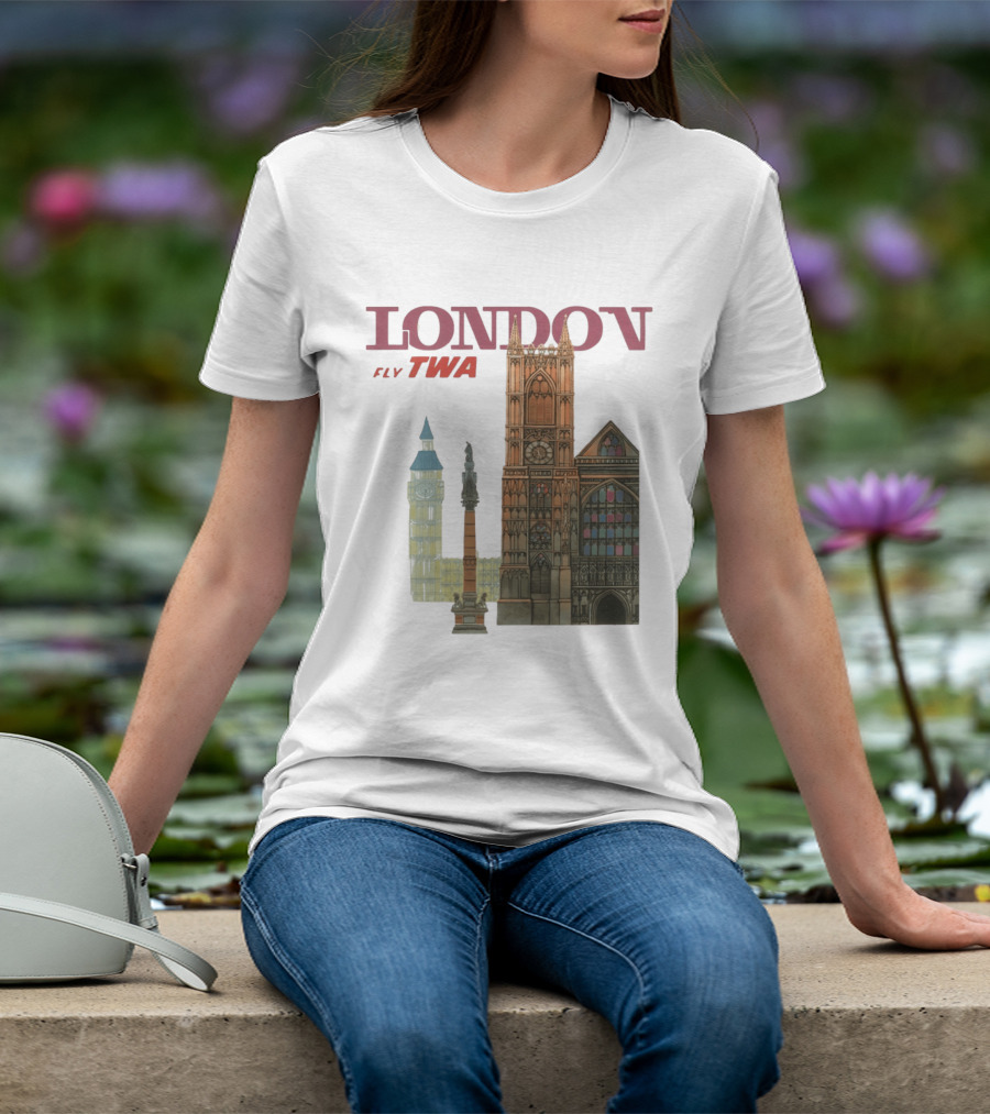 London Fly TWA Travel Big Ben Westminster Abbey Landmark T-Shirt