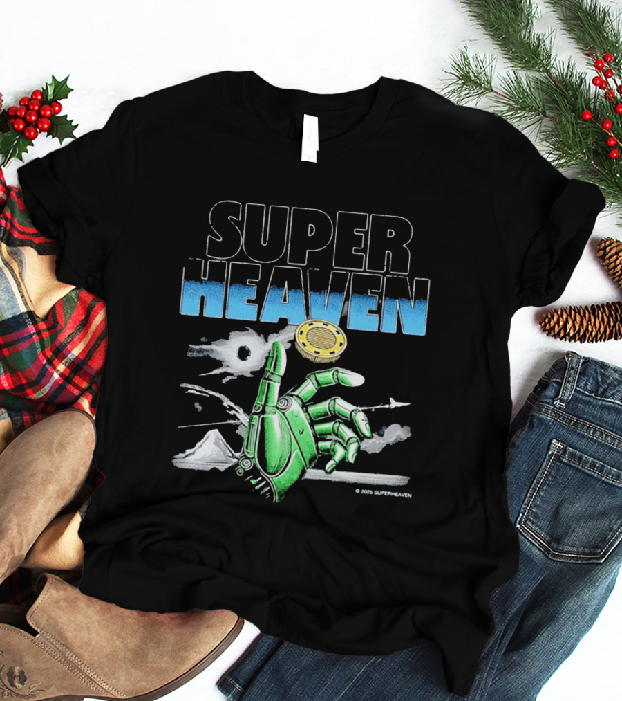 Superheaven Robotic Hand Space Adventure Coin And Mountain Scene T-Shirt