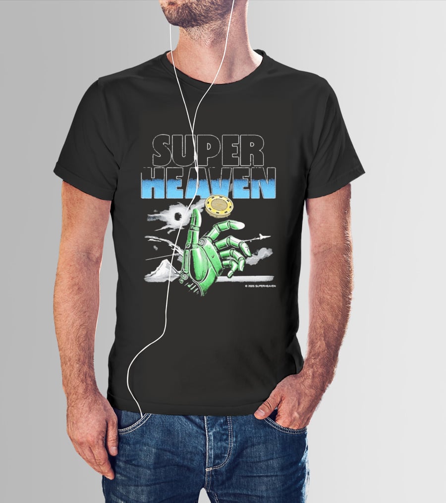 Superheaven Robotic Hand Space Adventure Coin And Mountain Scene T-Shirt