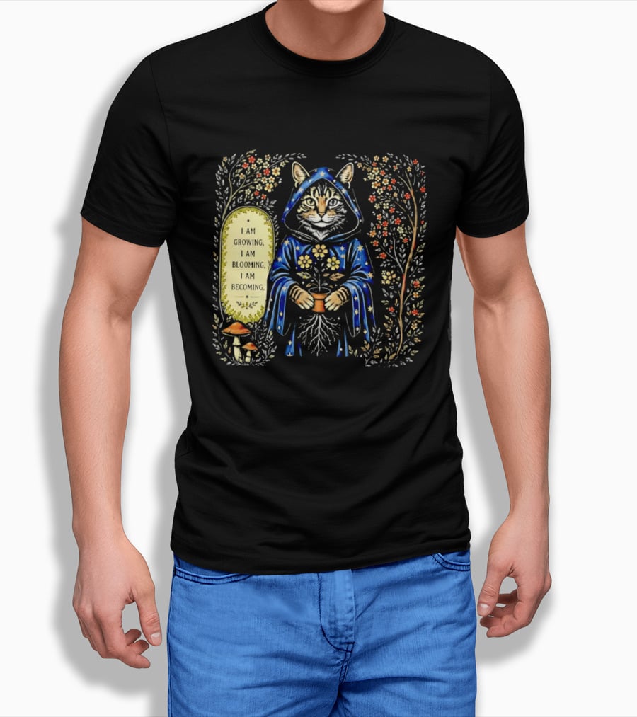 I Am Growing I Am Blooming I Am Becoming Wizard Cat Enchanted Blooms Nature Magic T-Shirt