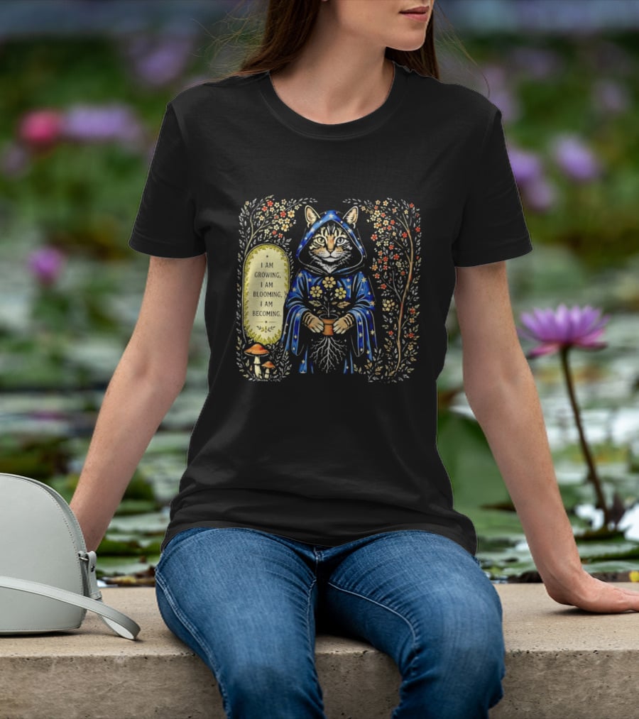 I Am Growing I Am Blooming I Am Becoming Wizard Cat Enchanted Blooms Nature Magic T-Shirt