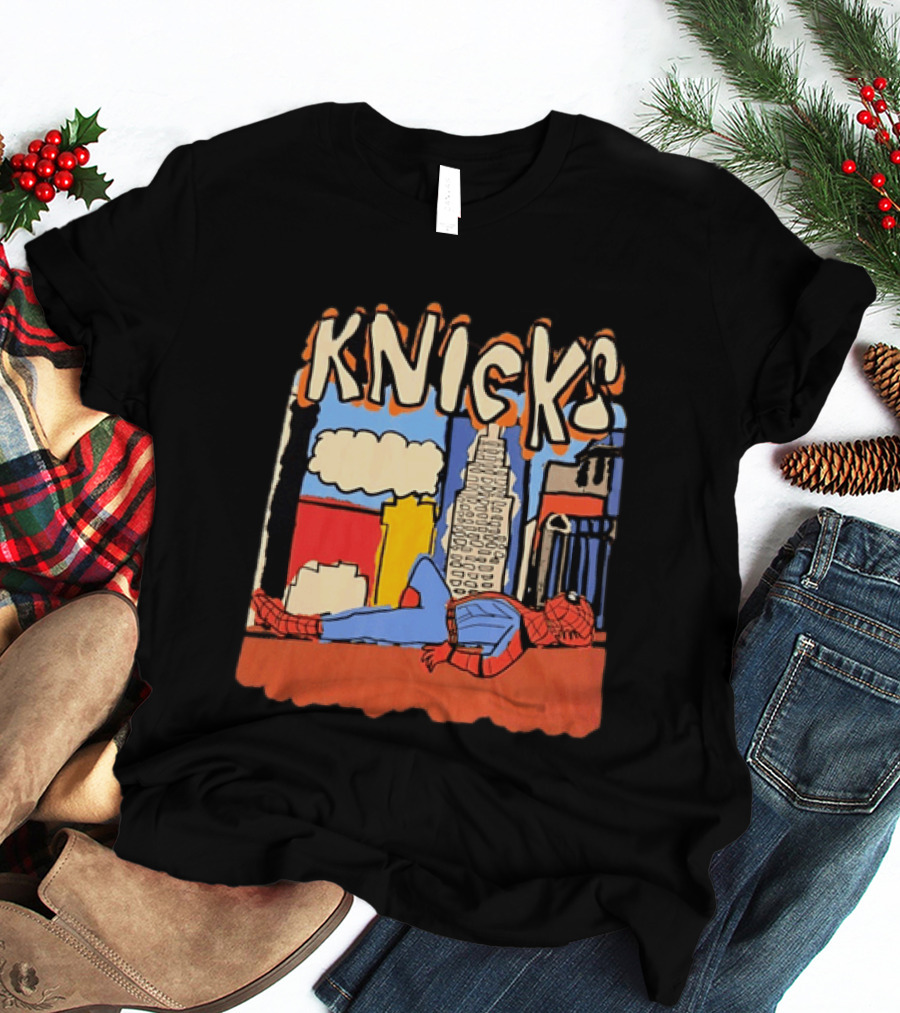 New York Knicks Spiderman Marvel NBA Basketball Skyline T-Shirt