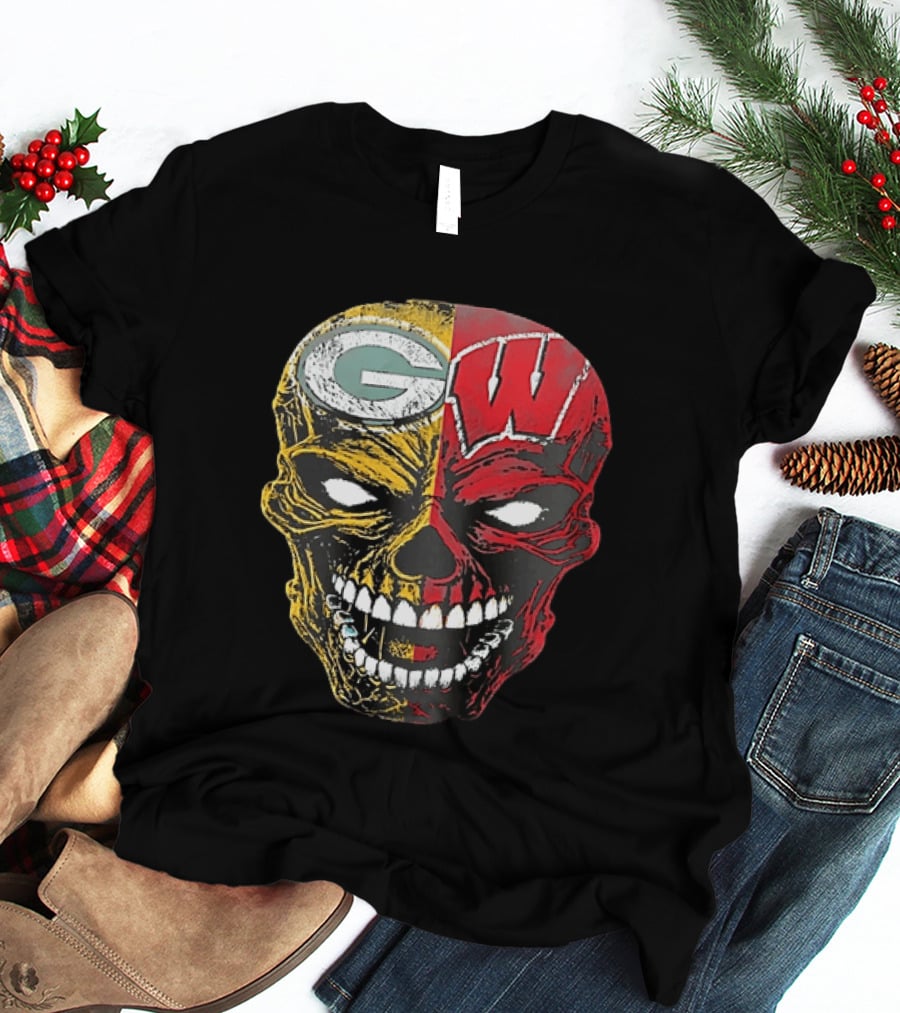 Wisconsin Green Bay Packers Badgers G W Skull Black T-Shirt