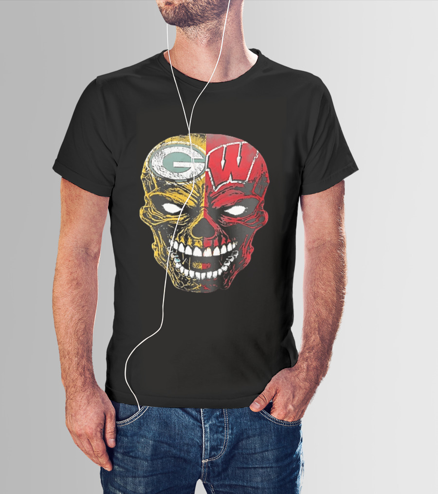 Wisconsin Green Bay Packers Badgers G W Skull Black T-Shirt