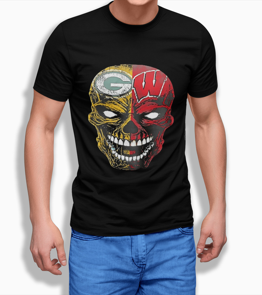 Wisconsin Green Bay Packers Badgers G W Skull Black T-Shirt