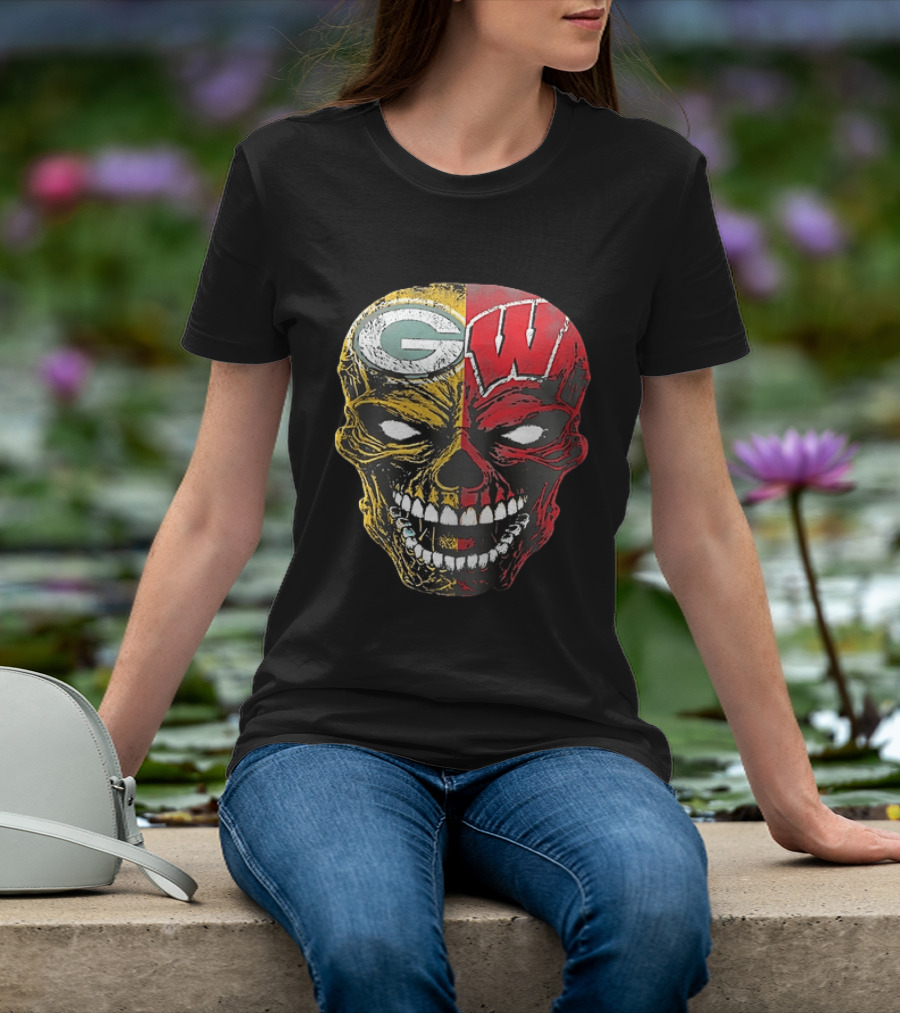 Wisconsin Green Bay Packers Badgers G W Skull Black T-Shirt