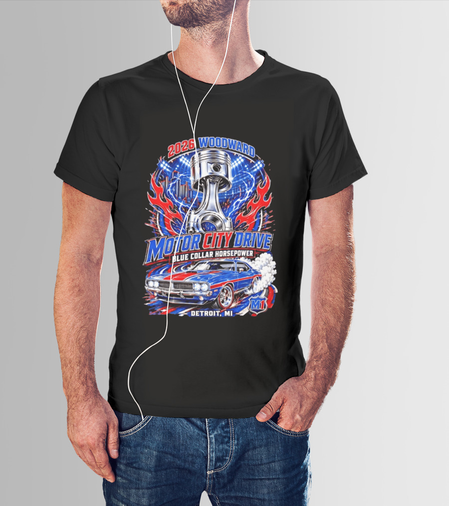 2026 Woodward Motor City Drive Blue Collar Horsepower Detroit MI M1 T-Shirt