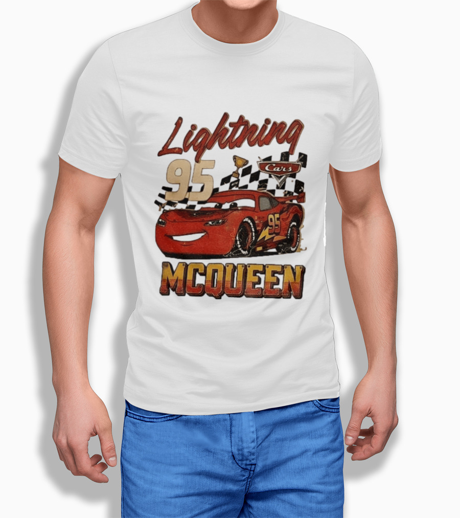 Lightning McQueen 95 Cars Trophy Checkered Flags Disney Pixar T-Shirt