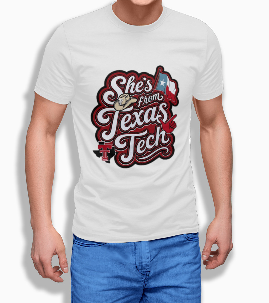 She's From Texas Tech Red Raiders Cowboy Hat Flag T-Shirt