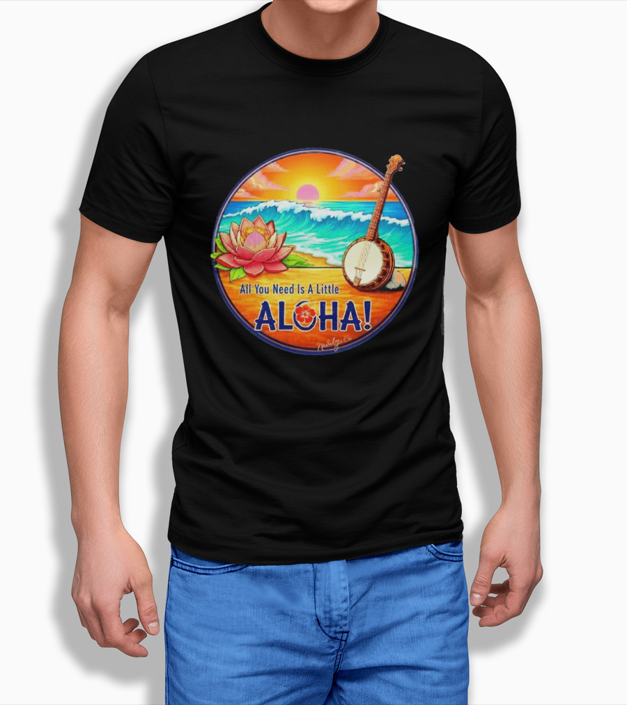 All You Need Is A Little Aloha Lotus Flower Sunset Ocean Banjo T-Shirt
