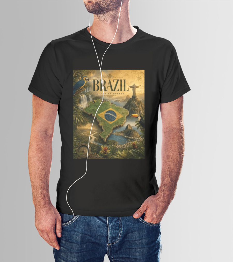 Brazil A Land Of Wonder Ordem E Progresso Christ The Redeemer Amazon Rainforest Toucan Macaw Waterfalls T-Shirt