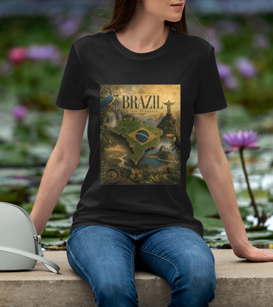 Brazil A Land Of Wonder Ordem E Progresso Christ The Redeemer Amazon Rainforest Toucan Macaw Waterfalls T-Shirt